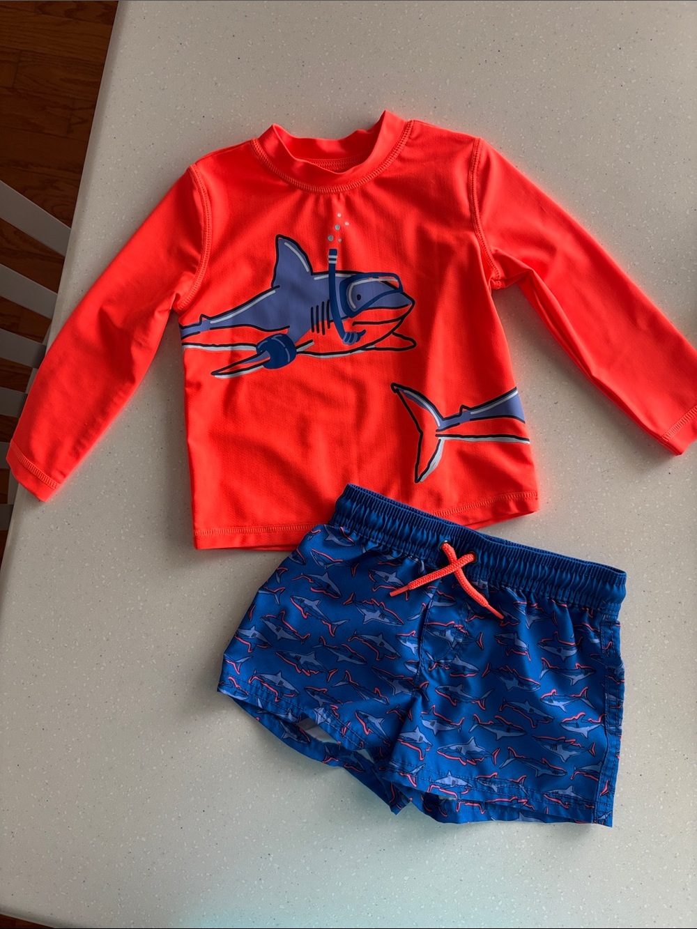Carters Kids Neon Orange Shark Rash Guard Set with Blue Swim Shorts-NWOT-18 mo
